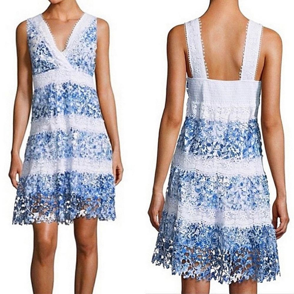 T Tahari Raya Dress Lace Overlay Smocked V-Neck Sleeveless Blue White Women 14‎